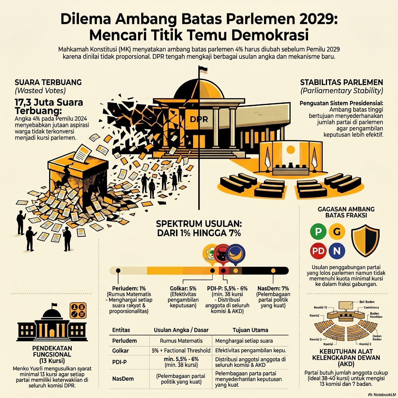 Electoral treshold atau ambang batas parlemen untuk pemilu 2029 kembali panas, partai Nasdem, PDIP dan Golkar mengusulkan peningkatan ambang batas, sedangkan partai Non Parlemen dan perludem menginginkan ambang batas diturunkan.